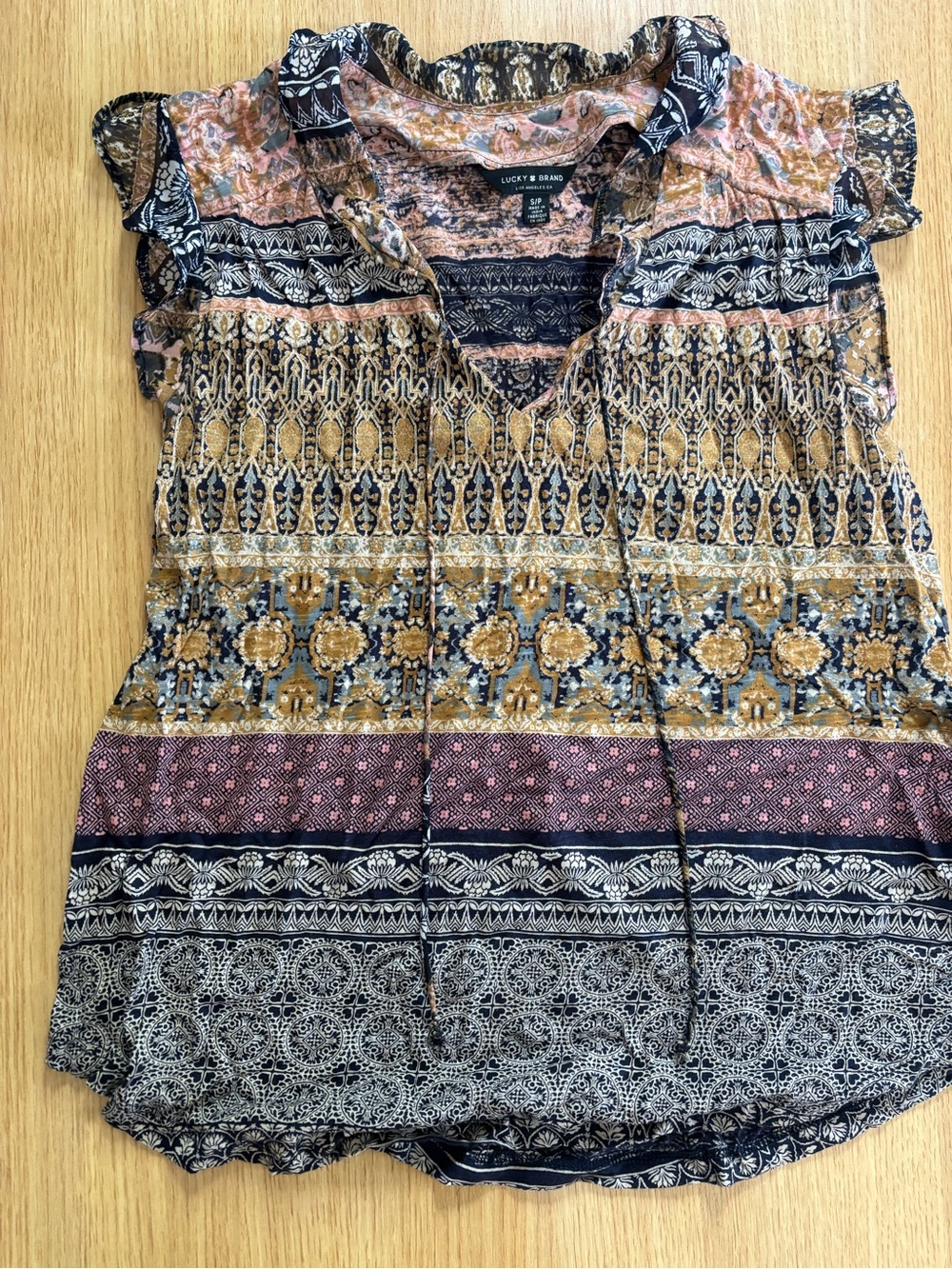 Lucky Brand Multi-Pattern V-Neck Short Sleeve Blouse - Mustard, Navy, Pink